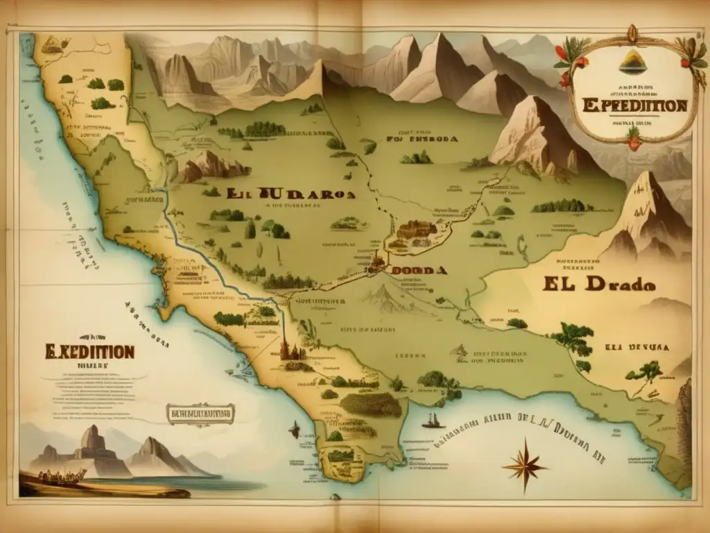 Mapa histórico de la expedición de Pedro de Ursúa a El Dorado, detallando ríos, montañas y flora/fauna nativa