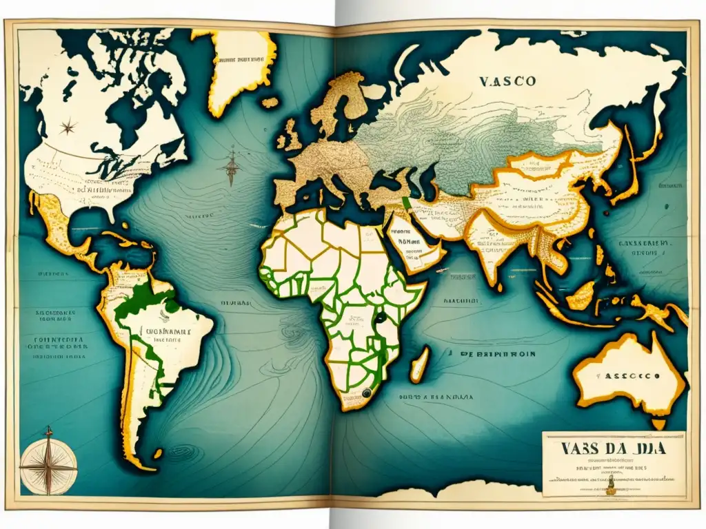 Mapa antiguo de la expedición de Vasco da Gama a la India, con detalles intrincados y colores desvanecidos