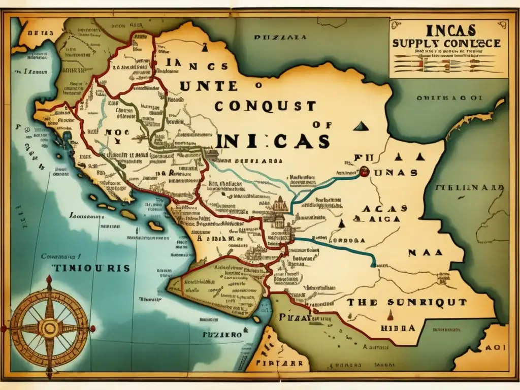 Detallado mapa antiguo de las rutas de suministro durante la conquista de los Incas