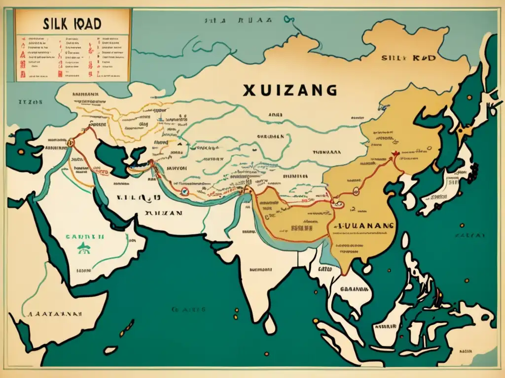 Mapa vintage de la Ruta de la Seda, con detalles intrincados y colores desvanecidos que le dan un aspecto envejecido