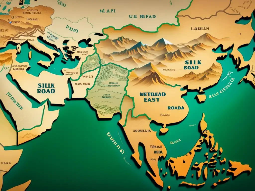 Mapa antiguo de la Ruta de la Seda con ilustraciones detalladas, incluye las contribuciones de Marco Polo a la etnografía del Oriente