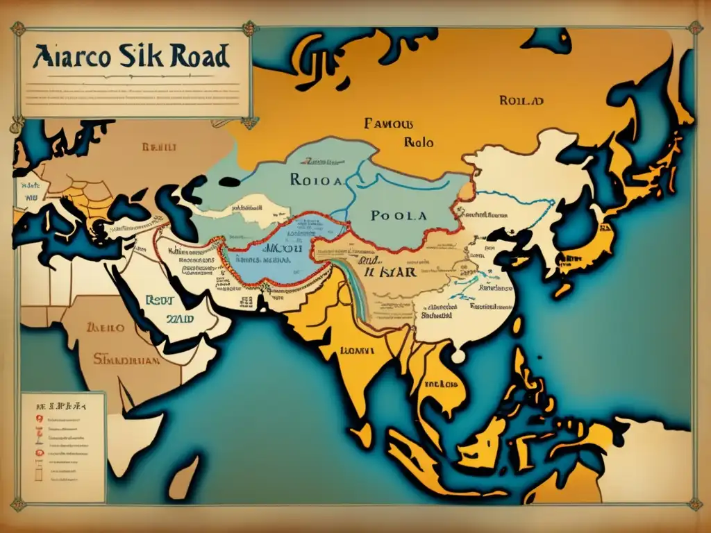 Mapa antiguo de la Ruta de la Seda que Marco Polo recorrió durante su viaje al Lejano Oriente