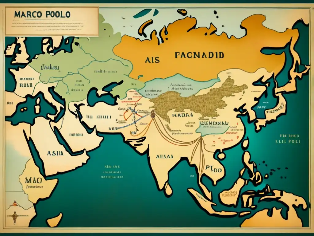 Epopeya Marco Polo: antiguo mapa Ruta de la Seda en 8k, detalles asombrosos de viaje Europea a Asia, caravanas y paisajes exóticos