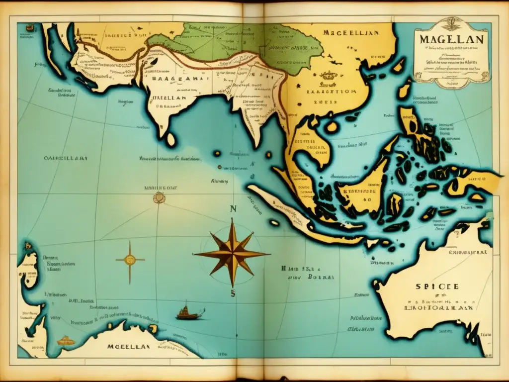 Mapa antiguo de la ruta de Magallanes hacia las islas de las especias