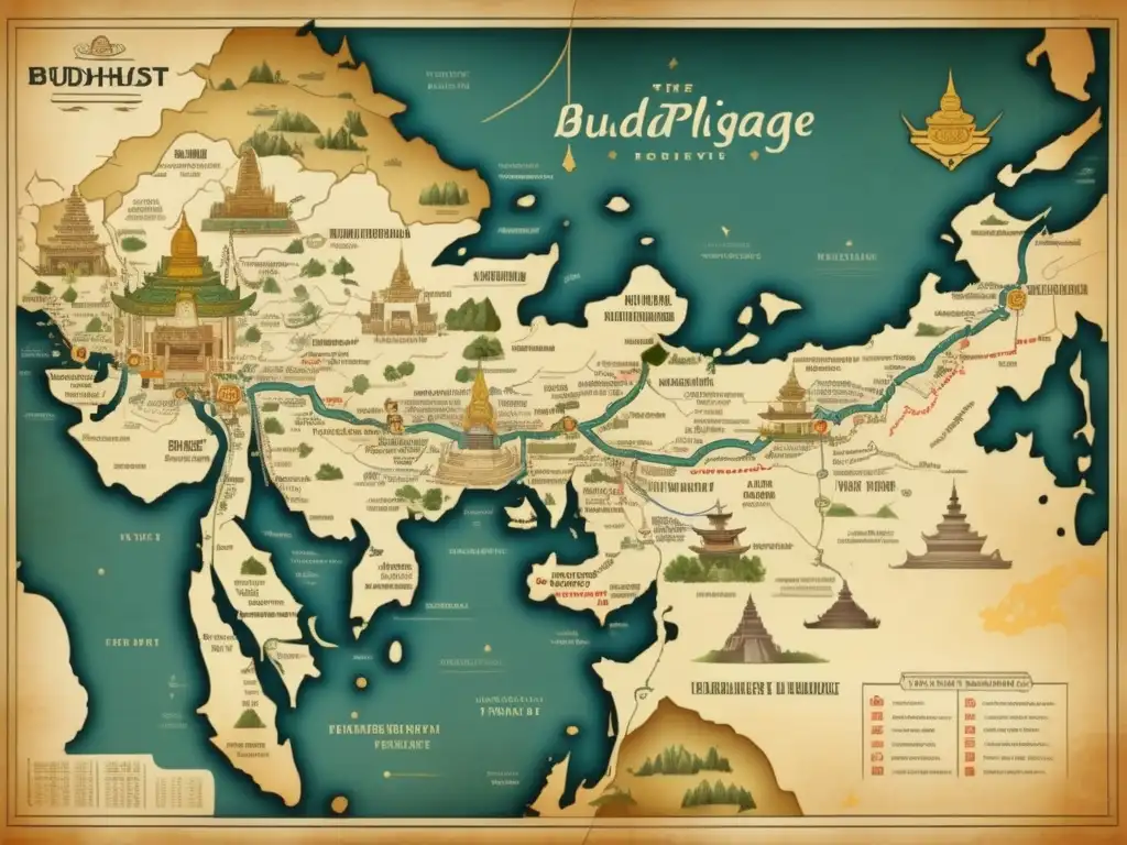 Los Secretos de la Ruta de Peregrinación Budista más Antigua en un mapa vintage con detalles intrincados y ambiente histórico