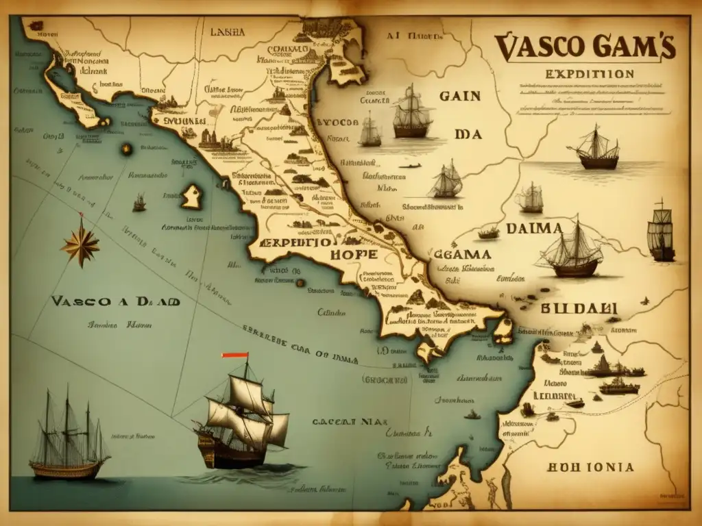 Mapa antiguo detallado de la expedición de Vasco da Gama, con ruta, paisajes, barcos y criaturas marinas