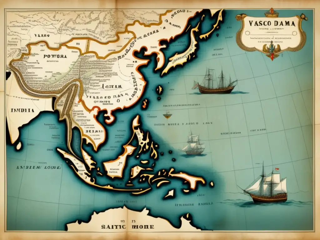 Mapa detallado de la ruta de Vasco da Gama hacia India, con colores desvanecidos y ilustraciones de barcos