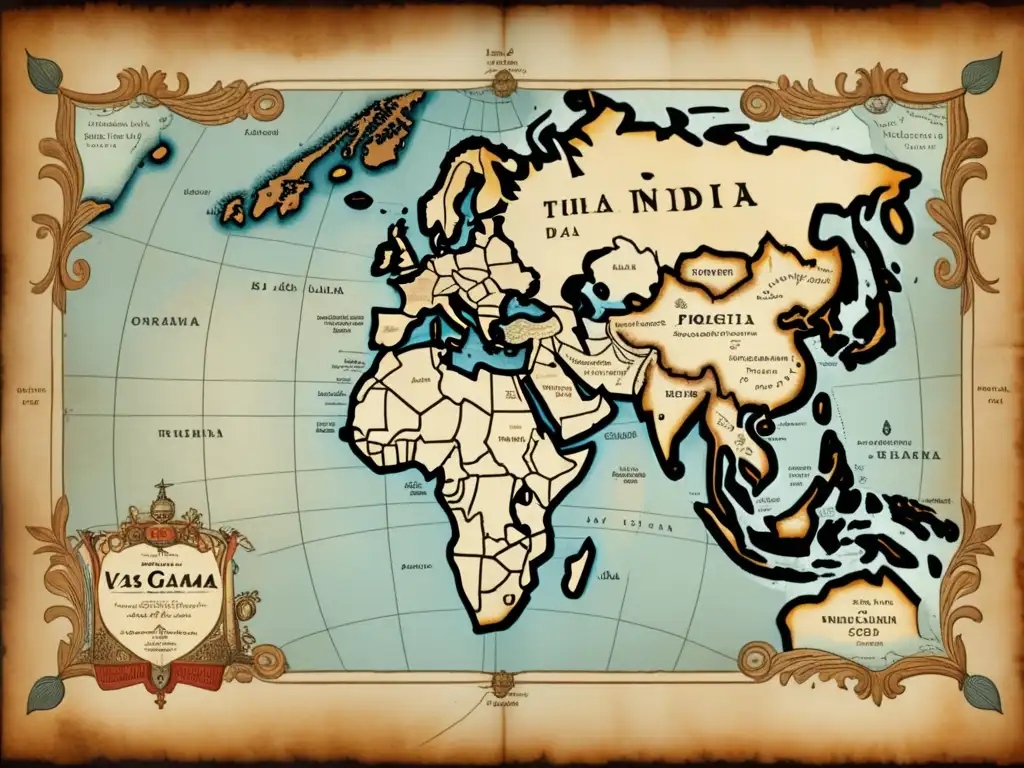 Mapa vintage de la Ruta de Vasco da Gama hacia la India