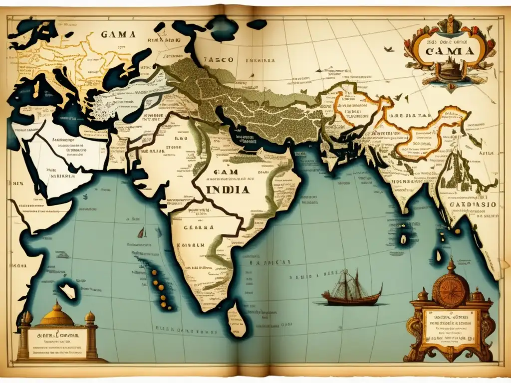 Mapa antiguo de la ruta de Vasco da Gama a la India, con detalles costeros, navegacionales y tonos sepia