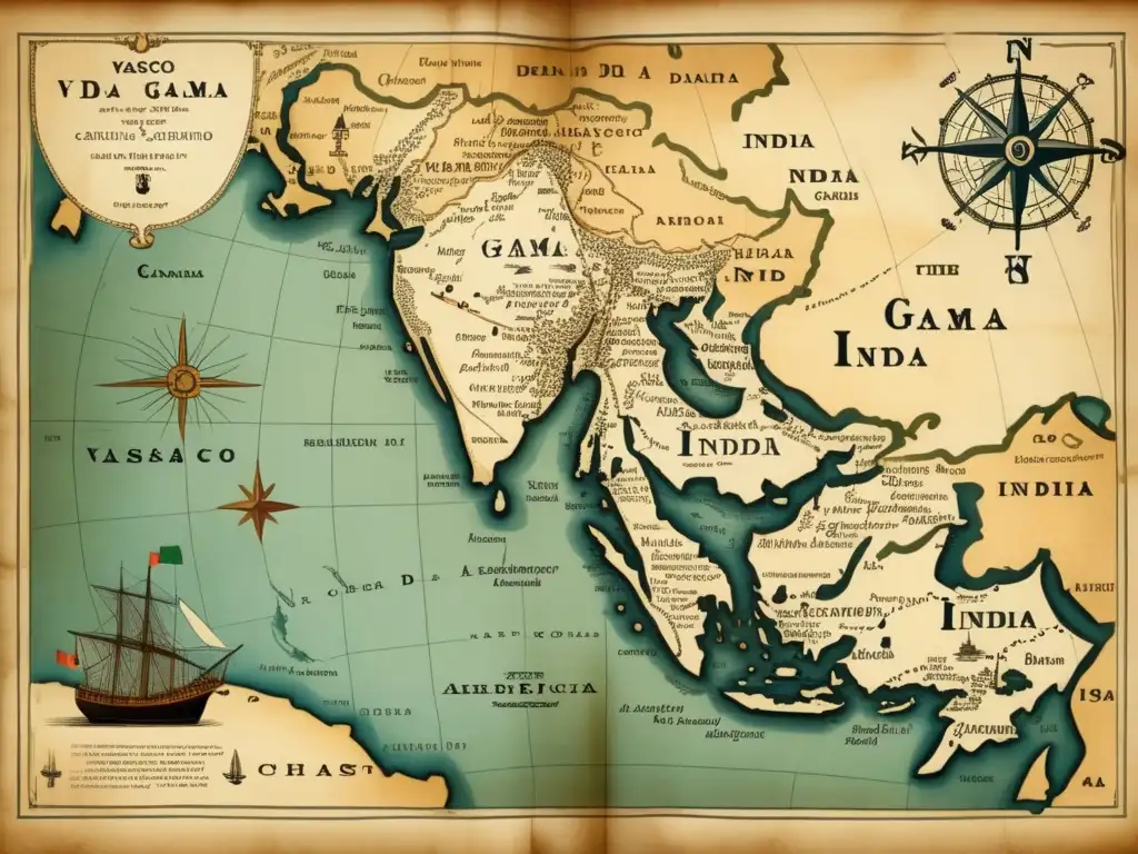 Detallado mapa antiguo de la ruta de Vasco da Gama hacia la India, con paradas, detalles costeros, y elementos náuticos