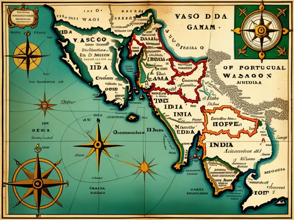 Detallado mapa vintage de la ruta de Vasco da Gama hacia la India, con paradas y monumentos destacados