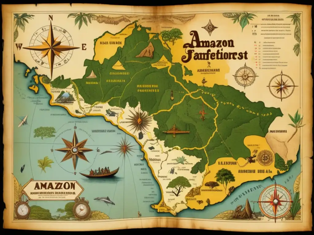 Mapa vintage de expediciones al Amazonas con detalles y animales exóticos