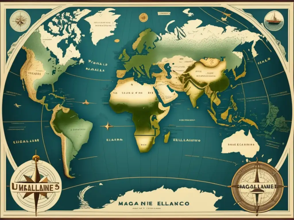 Mapa vintage de la vuelta al mundo de Magallanes y Elcano