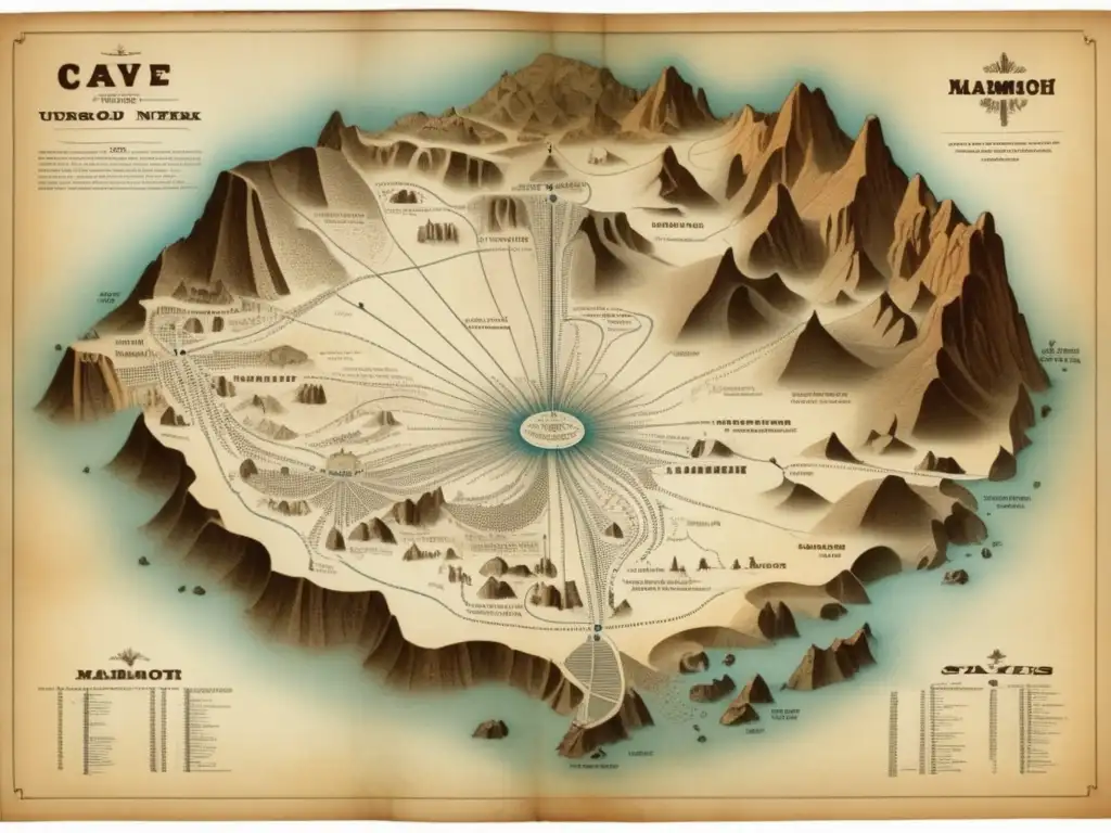 Mapa antiguo de la red subterránea de cuevas de Mammoth, con detalles y encanto vintage