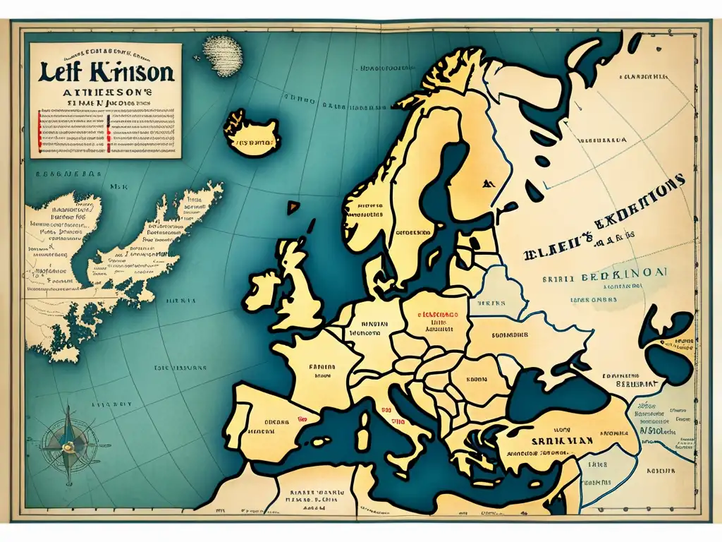 Mapa detallado de los descubrimientos de Leif Erikson en el océano Atlántico, con rutas marcadas, barcos vikingos y textura antigua