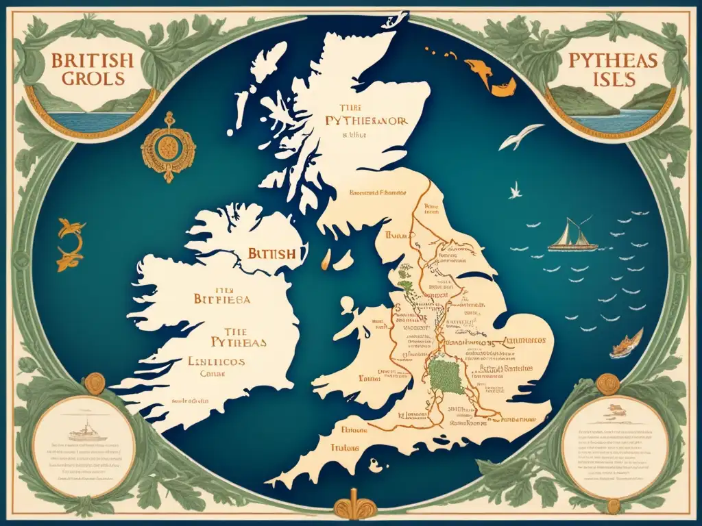 Las Islas Británicas en la época de Pytheas: Un mapa detallado con estilo vintage que muestra el legado de Pytheas en la historia