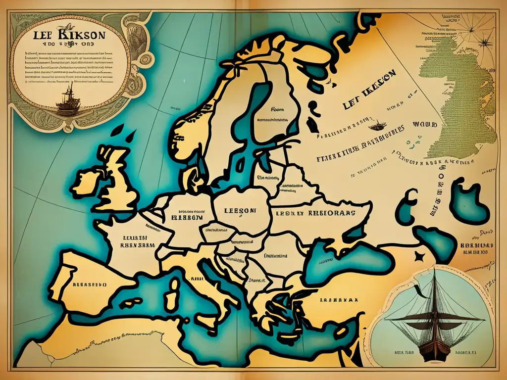 Mapa vintage del viaje de Leif Erikson al Nuevo Mundo, con descubrimientos y anotaciones importantes