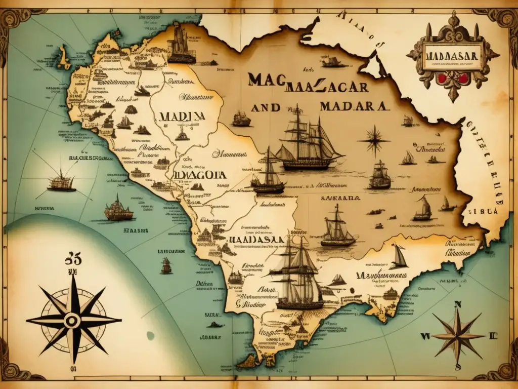 Mapa antiguo detallado de Madagascar: descubrimientos en la Isla Roja