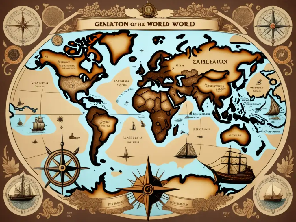 Mapa vintage del mundo con ilustraciones detalladas, resaltando a Marco Polo