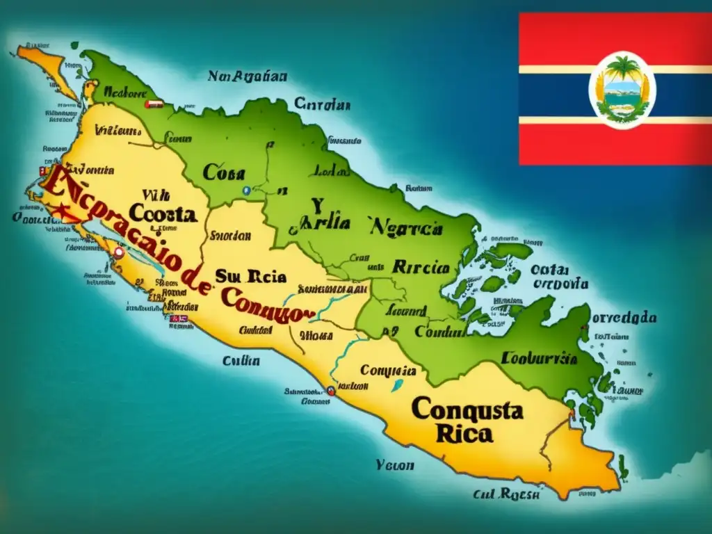 Mapa vintage de Nicaragua y Costa Rica durante la época de Sebastián de Belalcázar