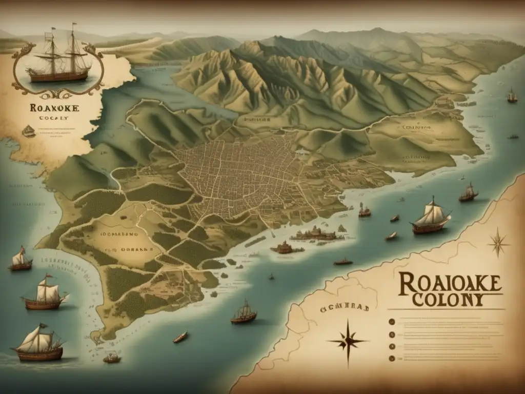 Mapa vintage de la colonia perdida de Roanoke en el siglo XVII