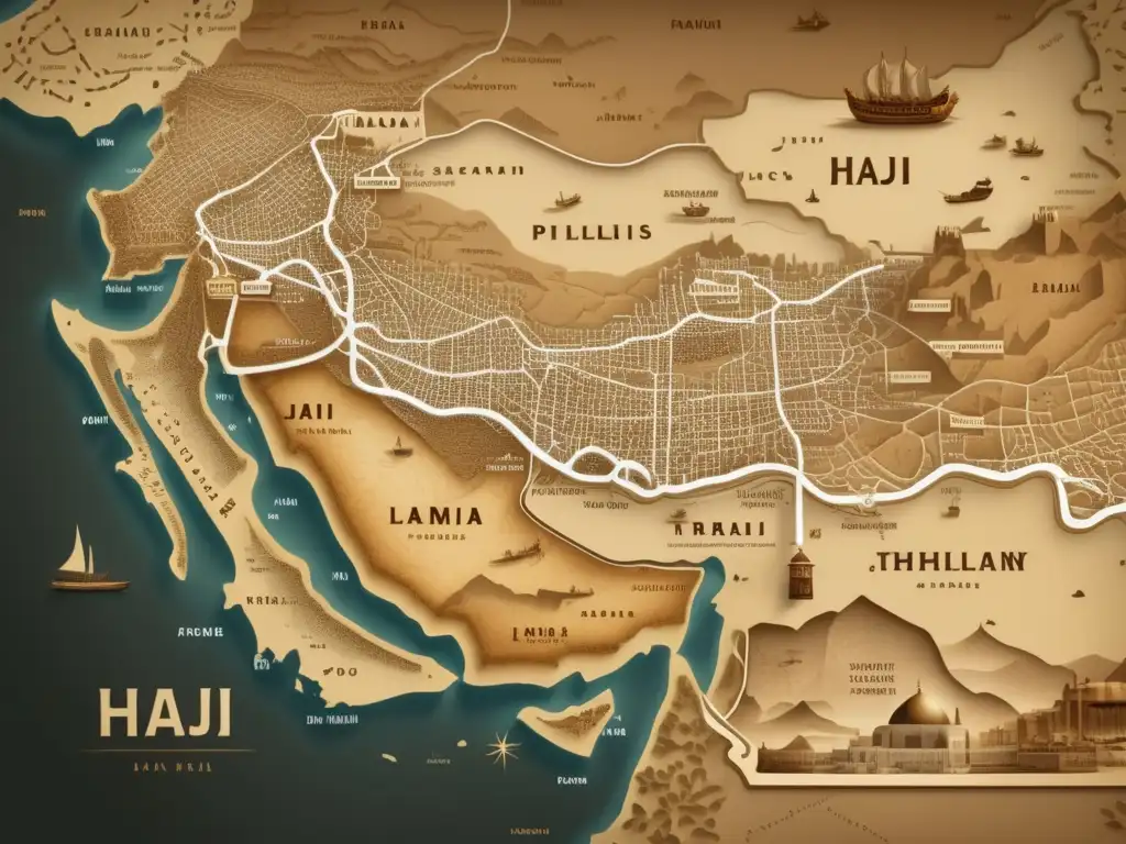 Mapa detallado 8k de rutas antiguas del Hajj, ilustrado con tonos sepia y adornado con caravanas, camellos y tiendas nómadas