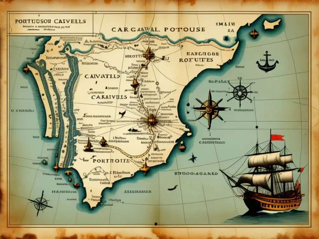 Mapa vintage de rutas de carabelas portuguesas Detalle de mapa antiguo con carabelas portuguesas descubriendo nuevas rutas marítimas