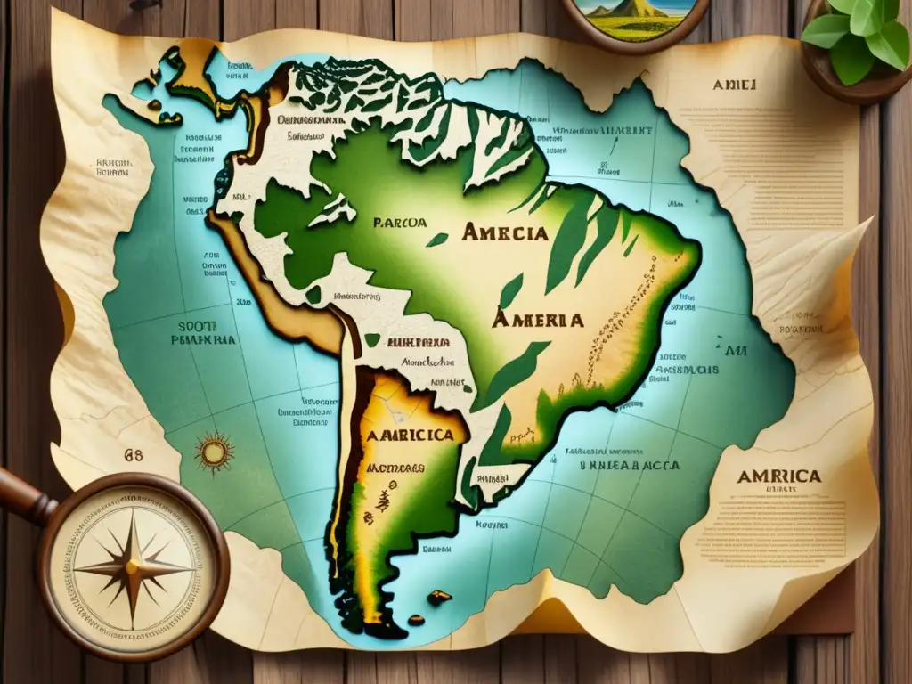 Mapa antiguo de Sudamérica en mesa de madera con lupa - Exploración científica de Humboldt