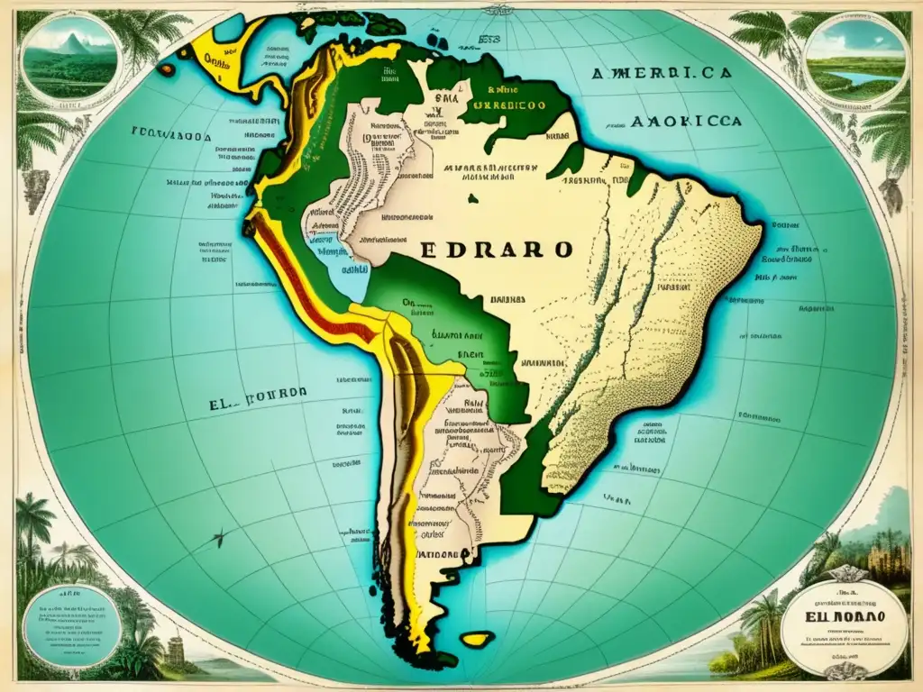 Mapa antiguo de Sudamérica con detalles y colores desgastados