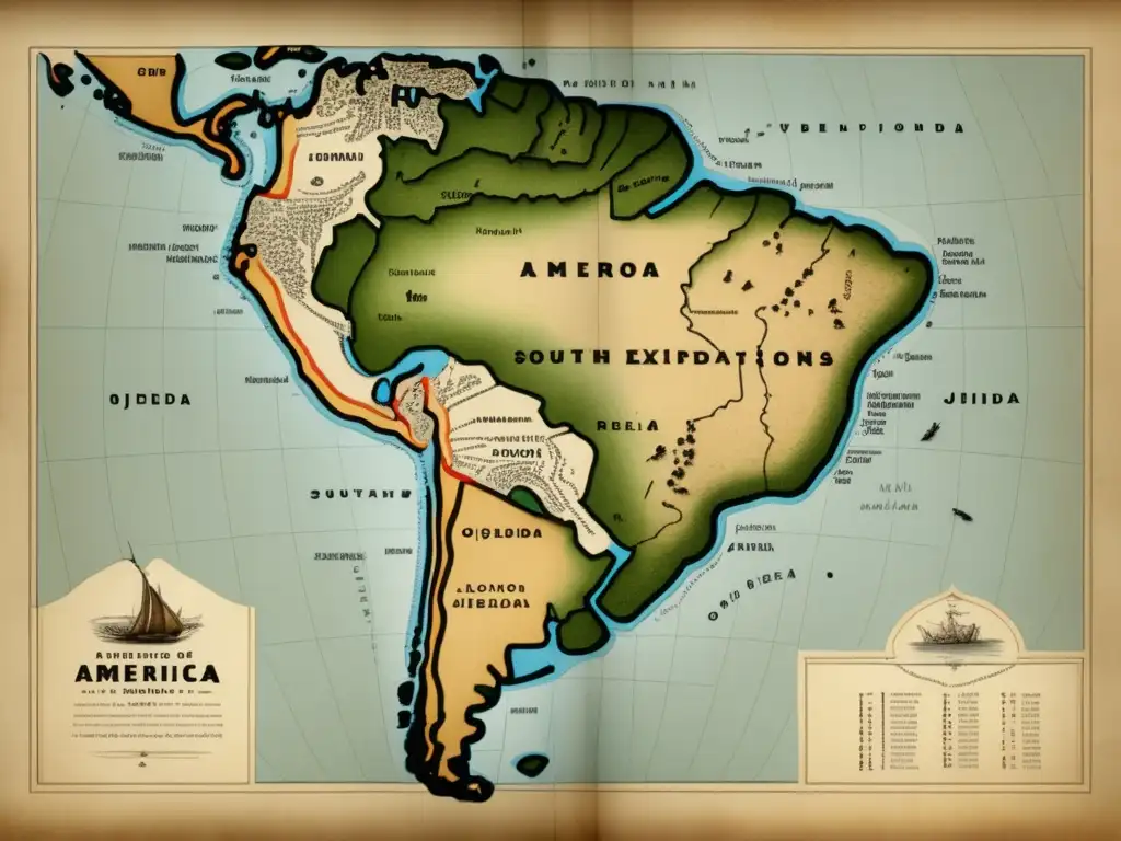 Mapa vintage de Sudamérica: Expediciones de Alonso de Ojeda, recursos naturales, tradiciones indígenas