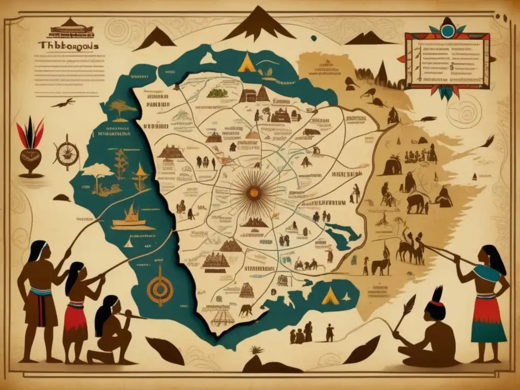 Tribus indígenas en exploraciones: Mapa antiguo detallado en pergamino, indígenas señalando rutas y compartiendo sabiduría ancestral