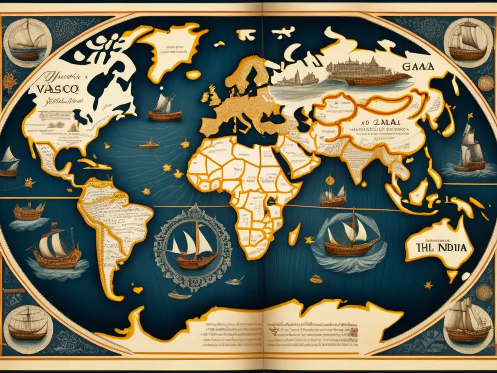 Mapa vintage del mundo en alta resolución que muestra la Ruta de Vasco da Gama hacia la India en el siglo XV