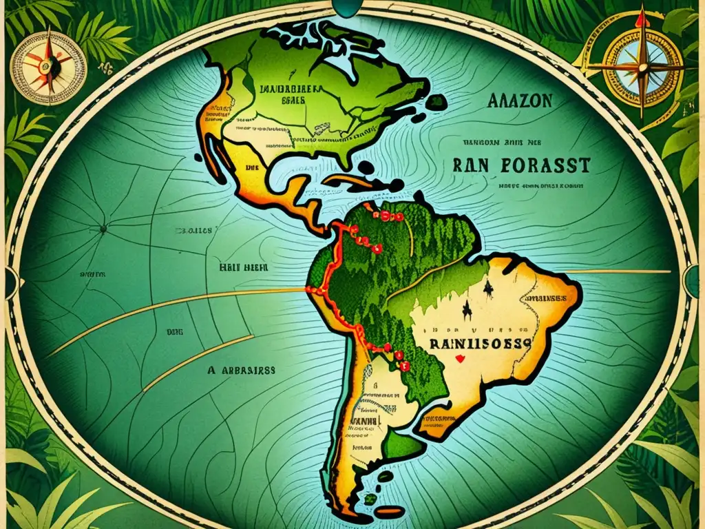 Mapa vintage del Amazonas con animales exóticos, ríos y vegetación densa