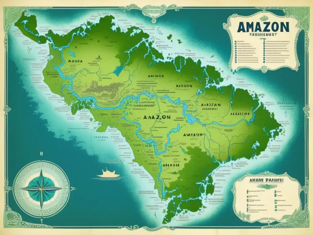 Mapa vintage de la región del Amazonas con detalles intrincados, ríos azules y densa vegetación