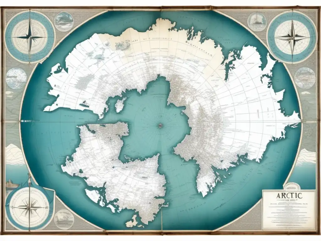 Mapa antiguo del Ártico con rutas de exploradores como Henry Hudson -