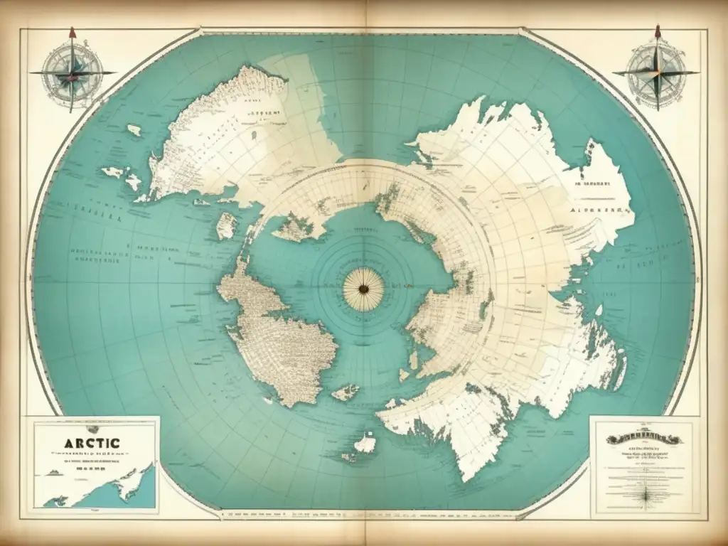 Mapa antiguo del Ártico con expediciones y paisajes impresionantes