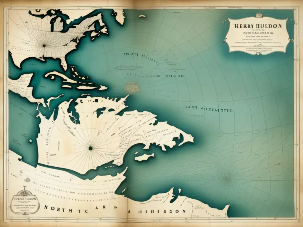 Mapa vintage del océano Atlántico Norte con los secretos de Henry Hudson: Descifrando las claves de su último viaje