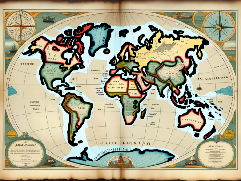 Mapa antiguo del Atlántico Norte y continentes, con rutas de expediciones de John Cabot a América del Norte