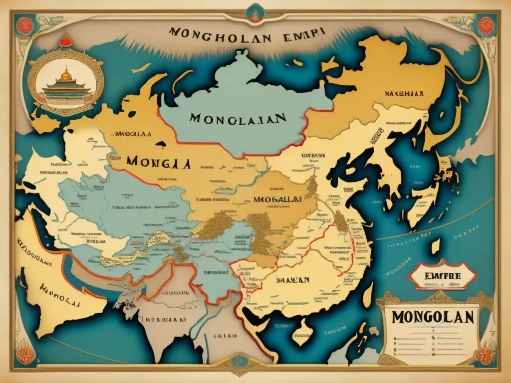 Descubrimiento de Genghis Khan: Mapa detallado del Imperio Mongol con colores desvanecidos y detalles intrincados