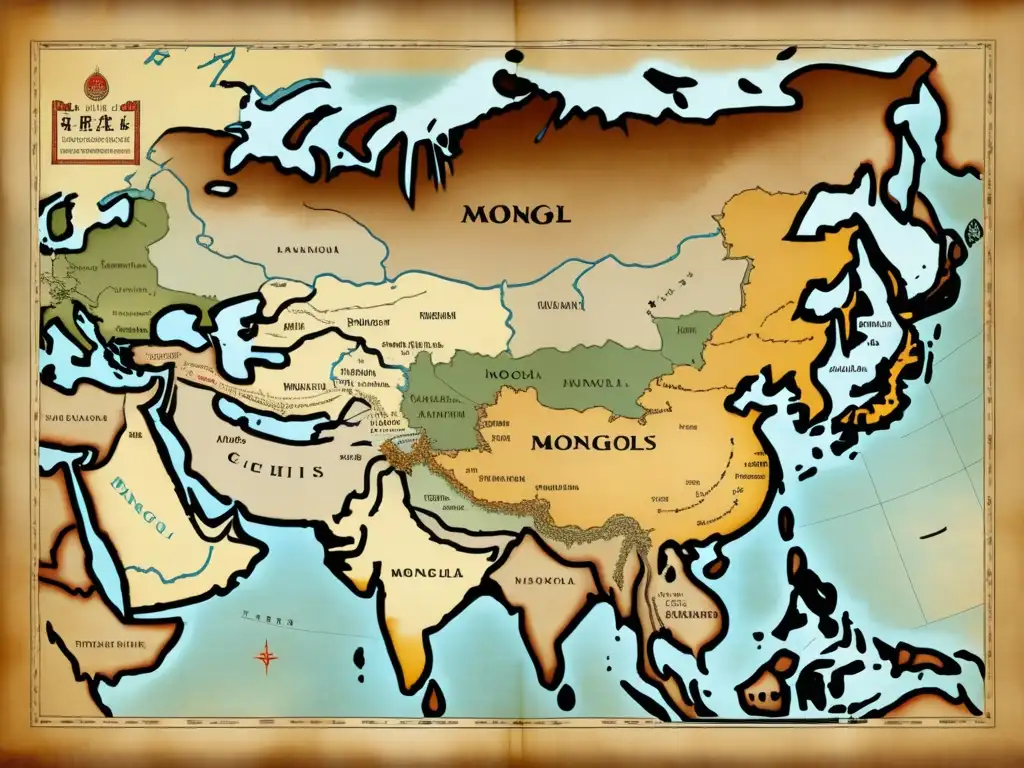 Mapa detallado del vasto Imperio Mongol durante el reinado de Genghis Khan, con ciudades, rutas comerciales y paisajes históricos