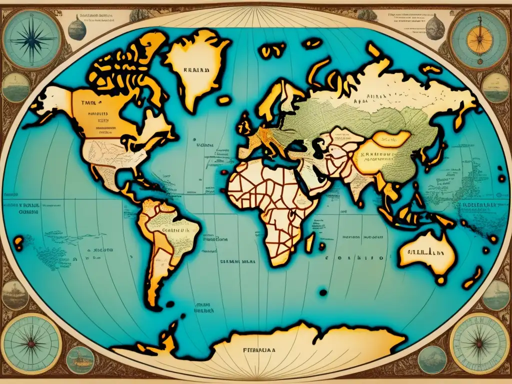 Mapa antiguo del mundo con detalles intrincados y colores desvanecidos