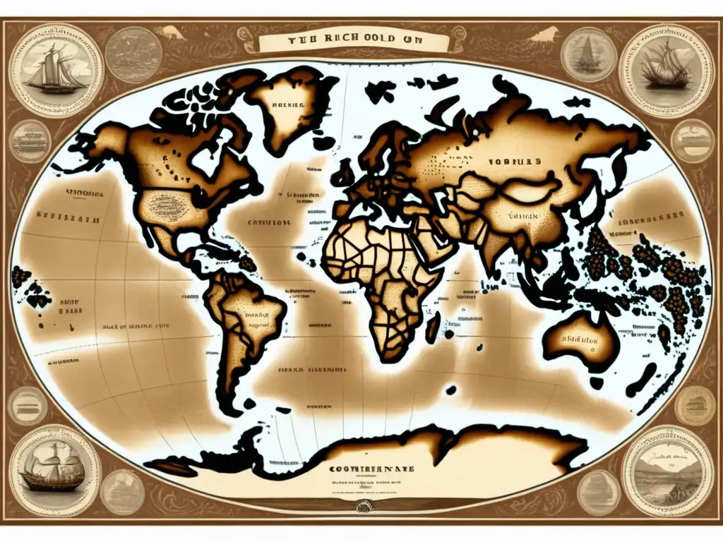 Mapa antiguo del mundo con detalles intrincados y aspecto envejecido