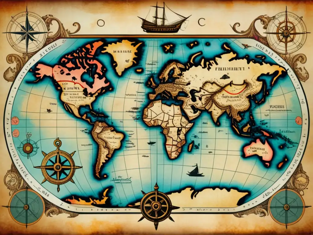 Mapa antiguo del mundo con ilustraciones detalladas de barcos, monstruos marinos y instrumentos de navegación