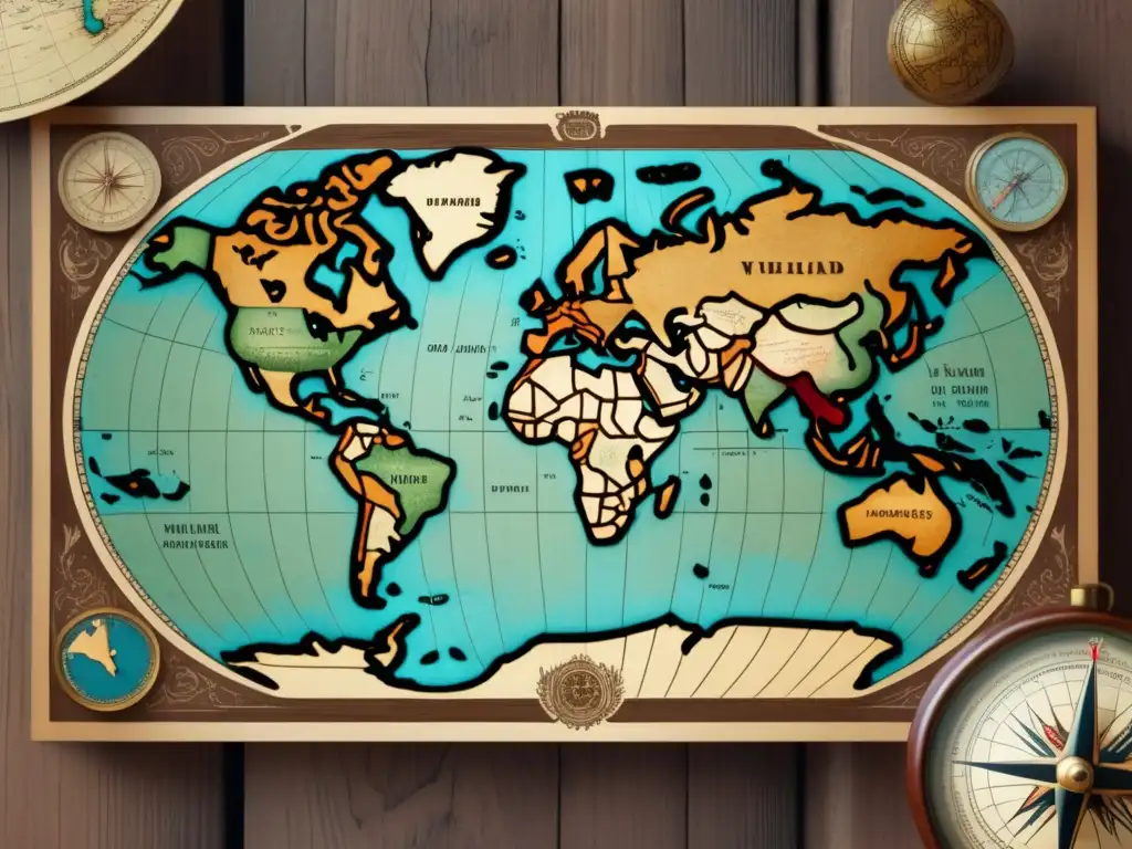 Mapa antiguo del mundo en una mesa de madera: perfil psicológico del explorador: valentía y dominación