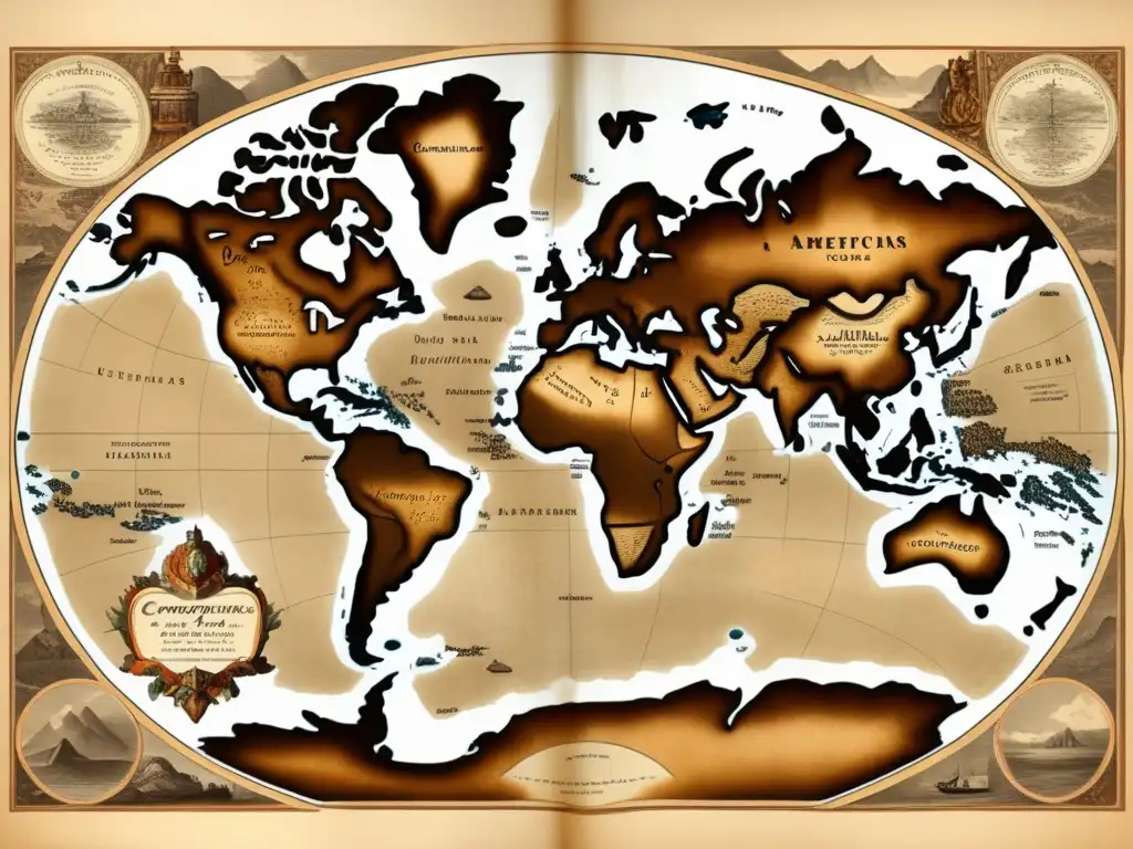 Mapa antiguo del mundo, con detalles cartográficos y toques de sepia, evocando historia y aventura