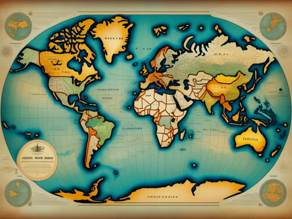 Mapa antiguo del mundo con líneas delicadas y colores ricos, destacando continentes, océanos y formas de relieve