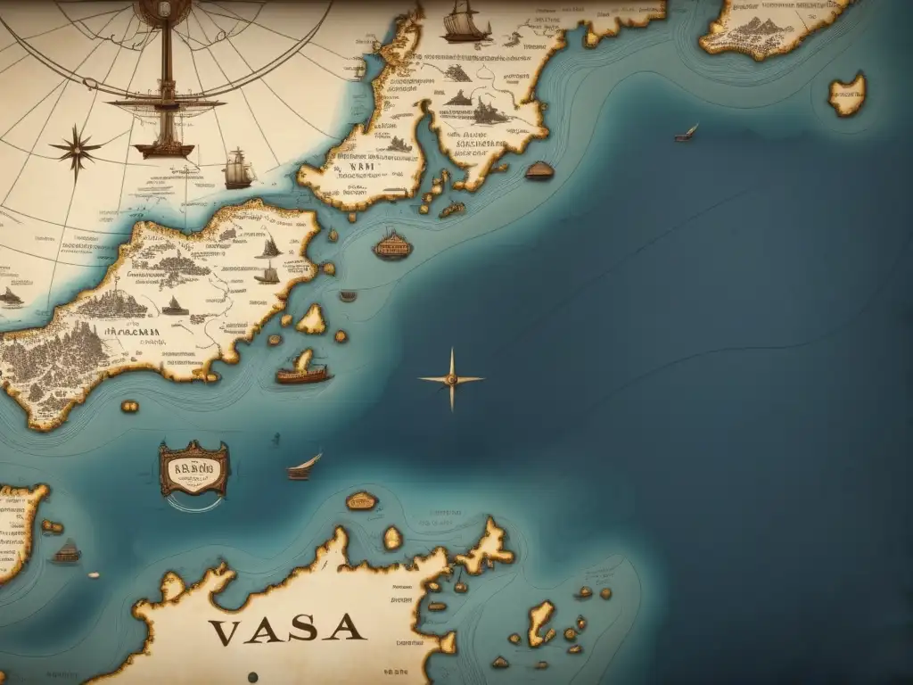 En la estela del Vasa: exploración submarina de un naufragio sueco - Mapa antiguo de pergamino con naufragio, vida marina y detalles oceánicos