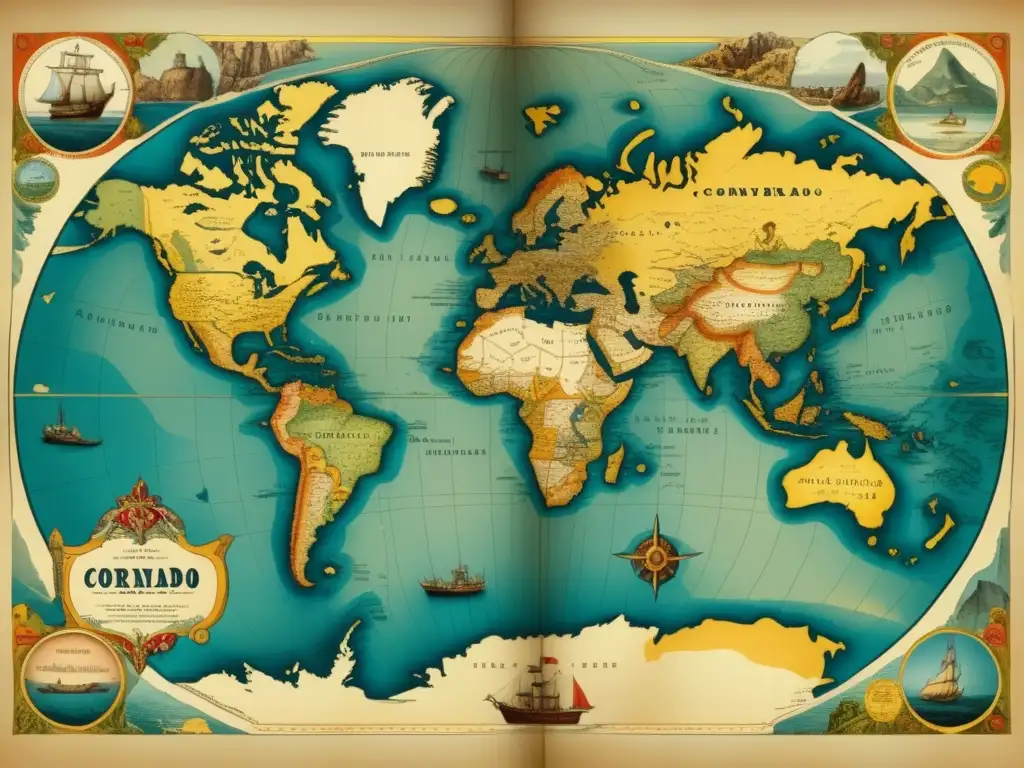 Mapa antiguo del Nuevo Mundo con ilustraciones de criaturas marinas, barcos y exploradores como Coronado