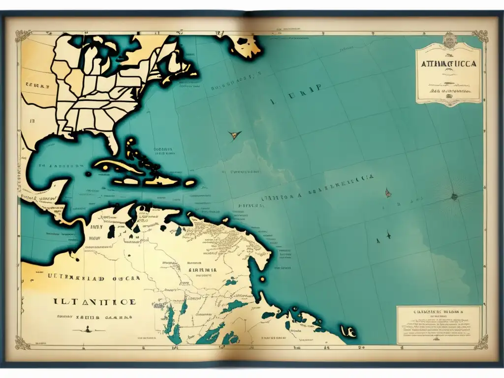 Mapa antiguo del Océano Atlántico con detalles de exploración de John Cabot