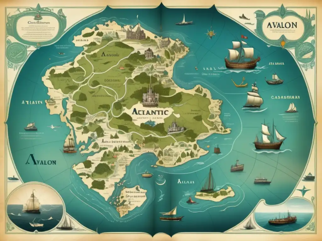 Mapa detallado del Océano Atlántico con ilustraciones de islas míticas y puntos clave de la Isla de Avalon